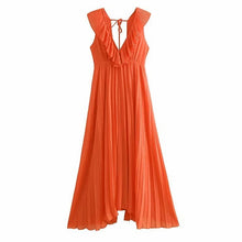 Load image into Gallery viewer, Women Orange Maxi Dress Pleated Ruffles Sleeveless Backless Female Casual Sweet Dresses Chic Bow Tie A Line Vestidos