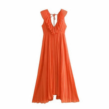 Load image into Gallery viewer, Women Orange Maxi Dress Pleated Ruffles Sleeveless Backless Female Casual Sweet Dresses Chic Bow Tie A Line Vestidos