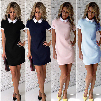Womens Dress  Summer Casual Short Sleeve Peter Pan Collar Evening Party Straight Office Dress White Doll Collar Short Mini Dress
